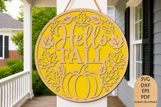 Hello Fall Round Door Hanger Laser Cut SVG