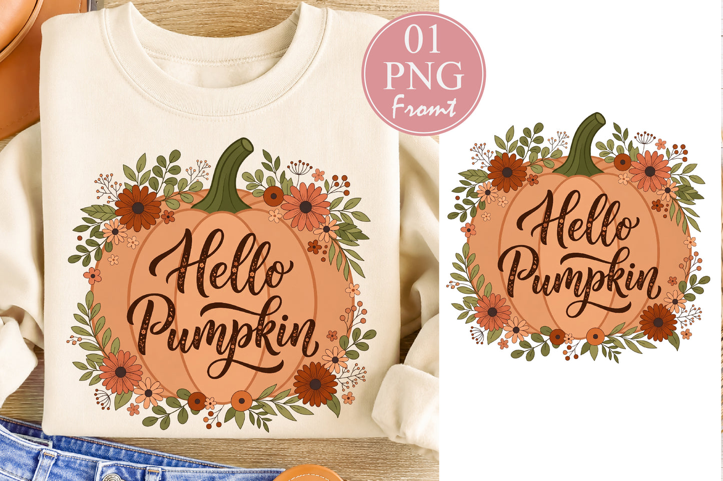 Hello Pumpkin PNG Fall Floral Pumpkin Sublimation Design Autumn Flowers