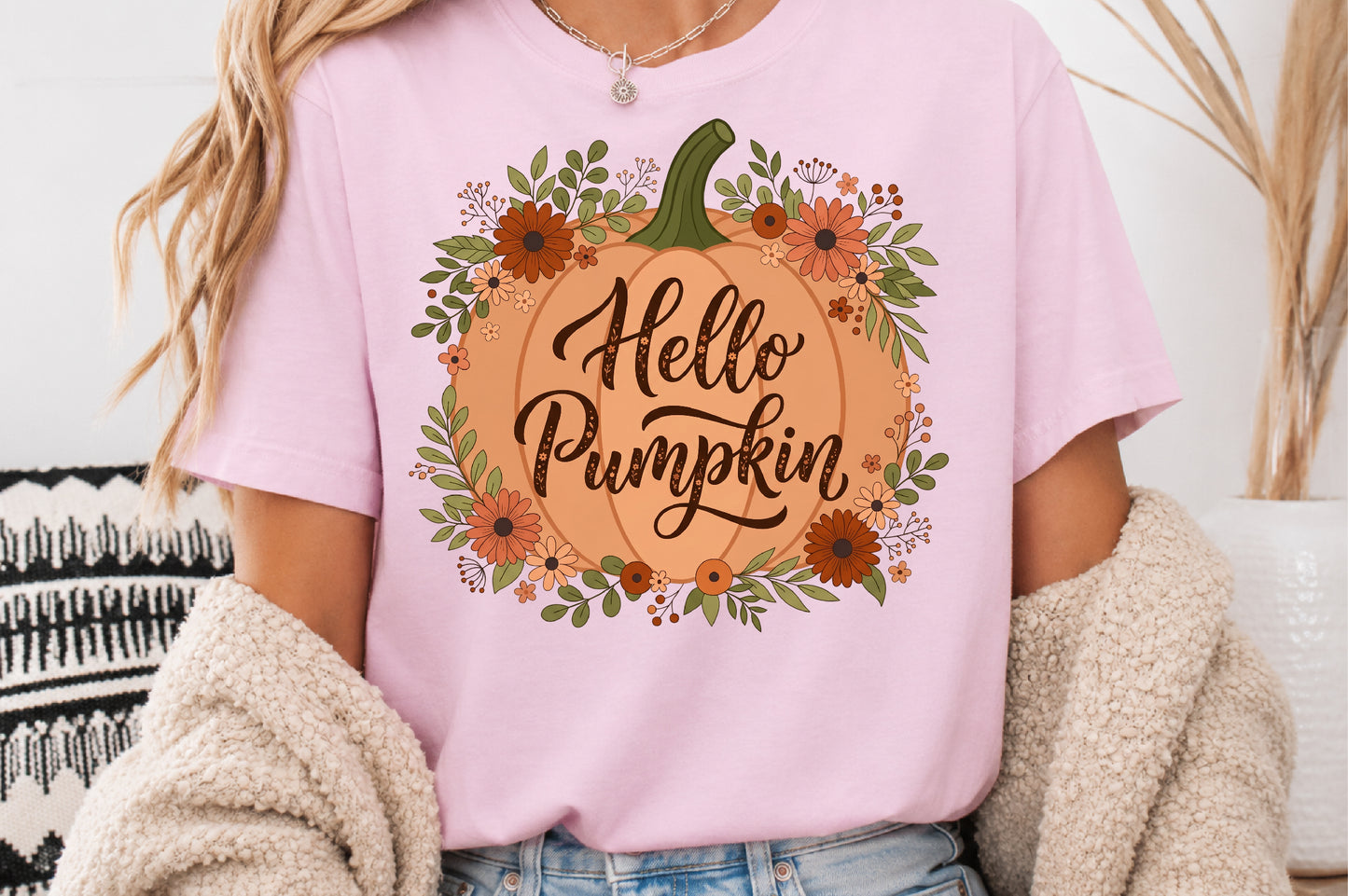 Hello Pumpkin PNG Fall Floral Pumpkin Sublimation Design Autumn Flowers