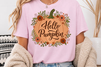 Hello Pumpkin PNG Fall Floral Pumpkin Sublimation Design Autumn Flowers