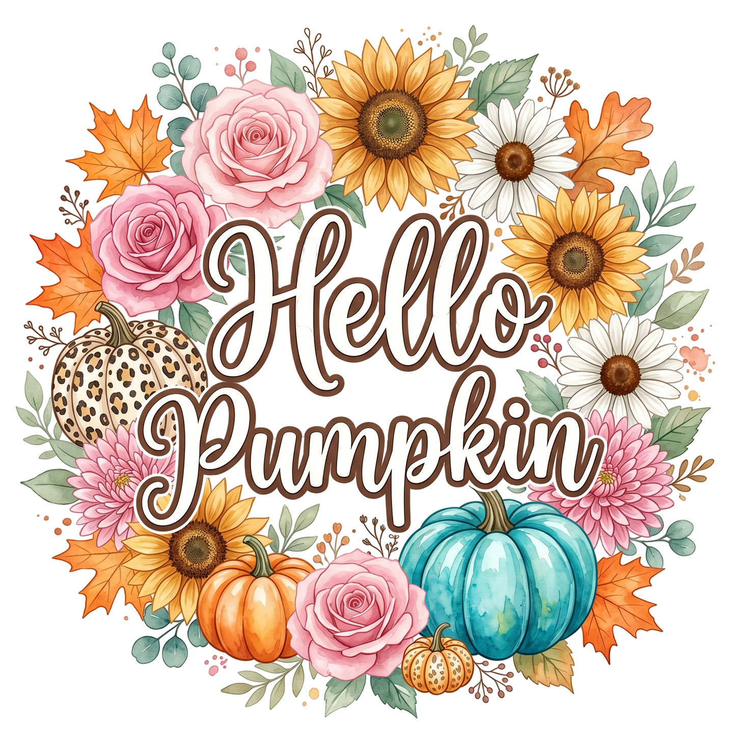 Hello Pumpkin PNG Watercolor Fall Floral Wreath Pumpkin Sublimation Design