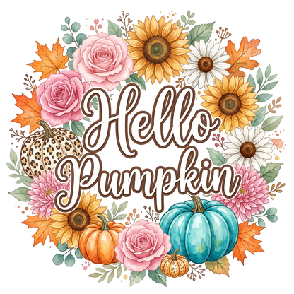 Hello Pumpkin PNG Watercolor Fall Floral Wreath Pumpkin Sublimation Design
