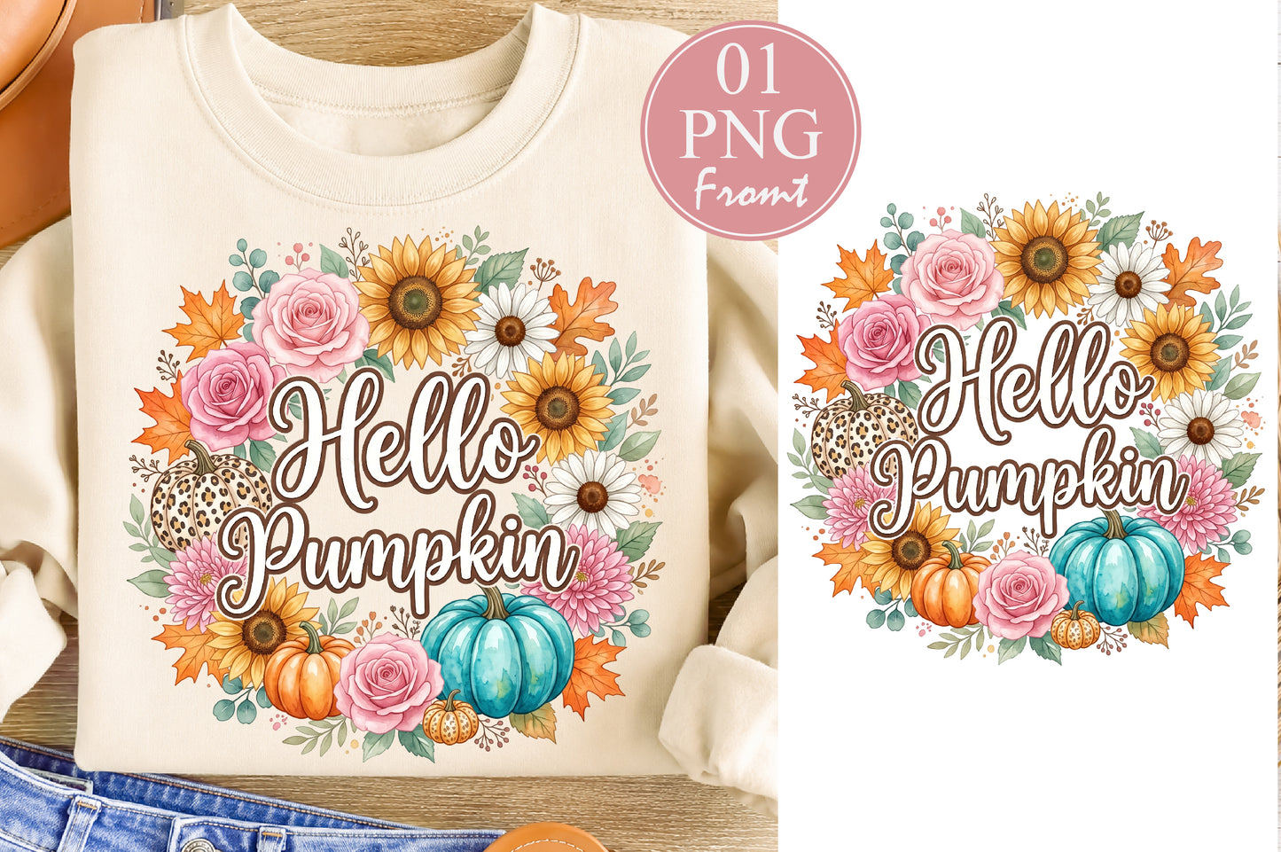 Hello Pumpkin PNG Watercolor Fall Floral Wreath Pumpkin Sublimation Design
