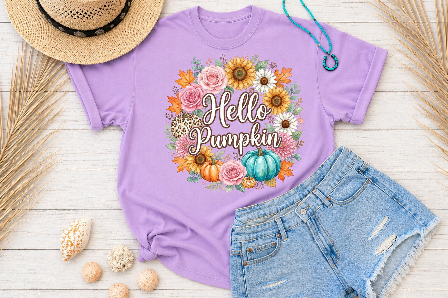 Hello Pumpkin PNG Watercolor Fall Floral Wreath Pumpkin Sublimation Design