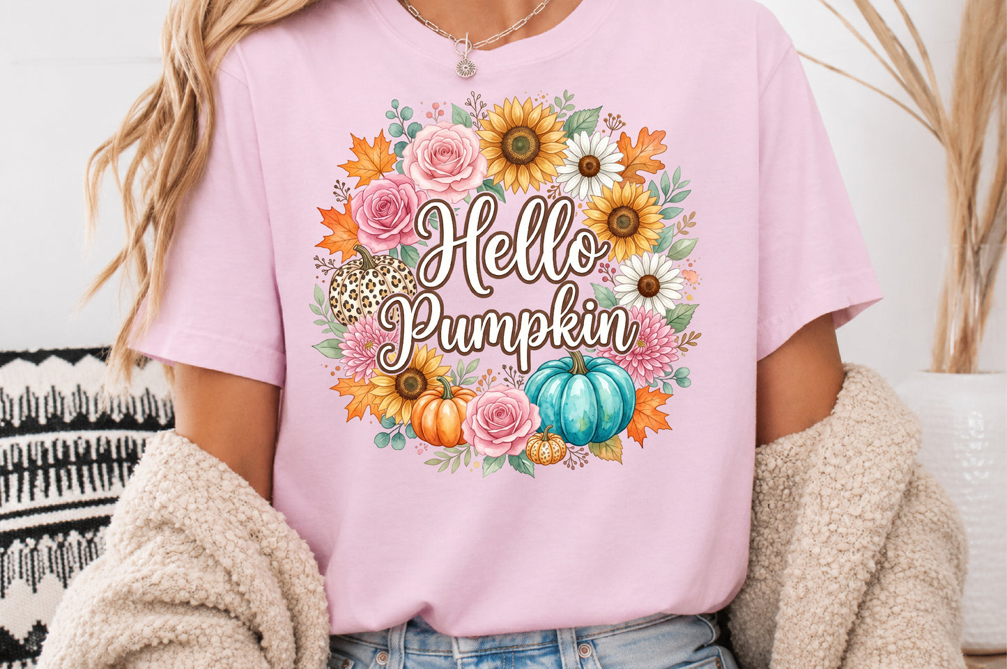 Hello Pumpkin PNG Watercolor Fall Floral Wreath Pumpkin Sublimation Design