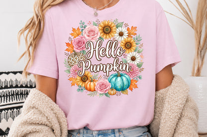 Hello Pumpkin PNG Watercolor Fall Floral Wreath Pumpkin Sublimation Design