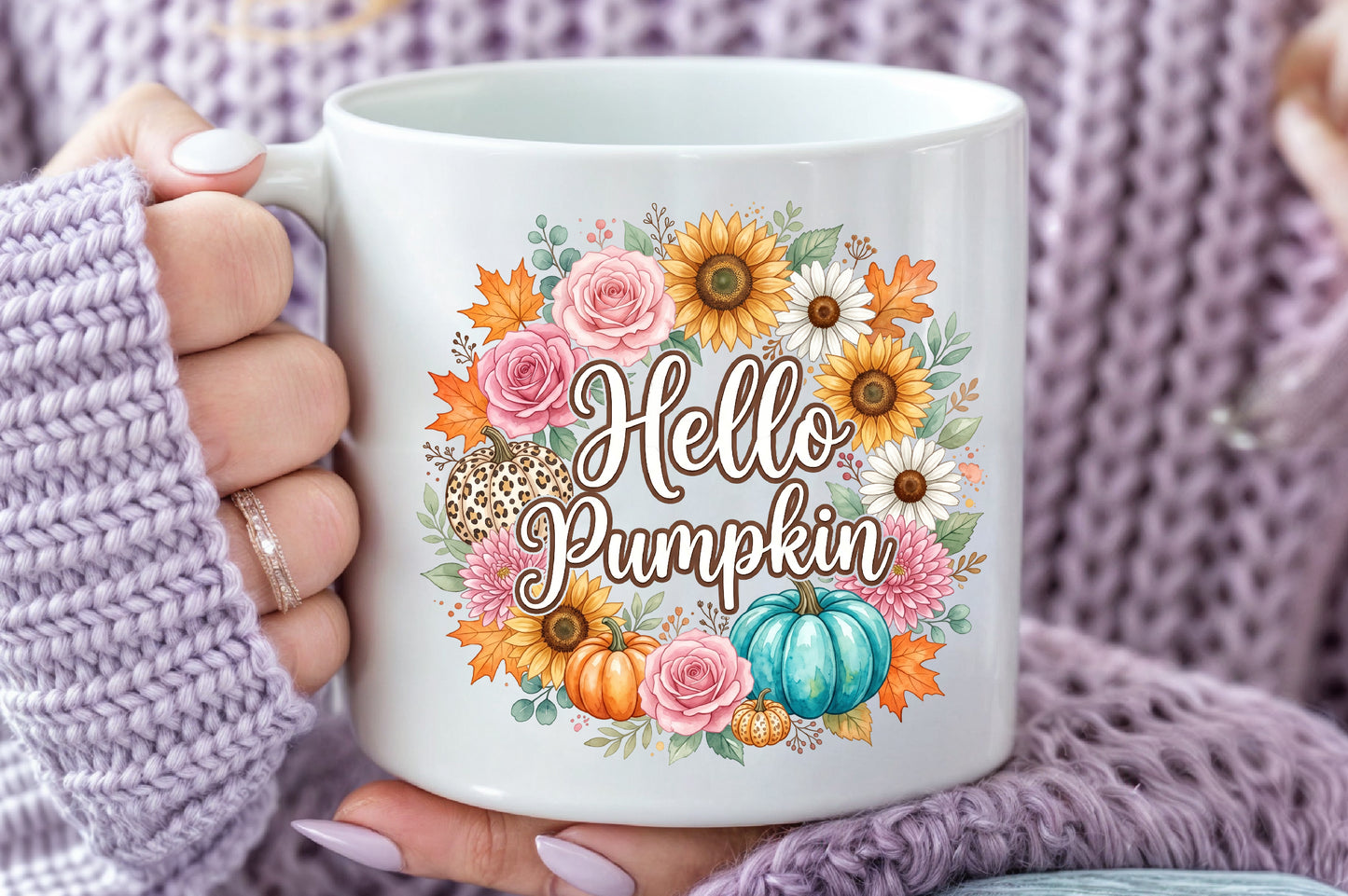 Hello Pumpkin PNG Watercolor Fall Floral Wreath Pumpkin Sublimation Design