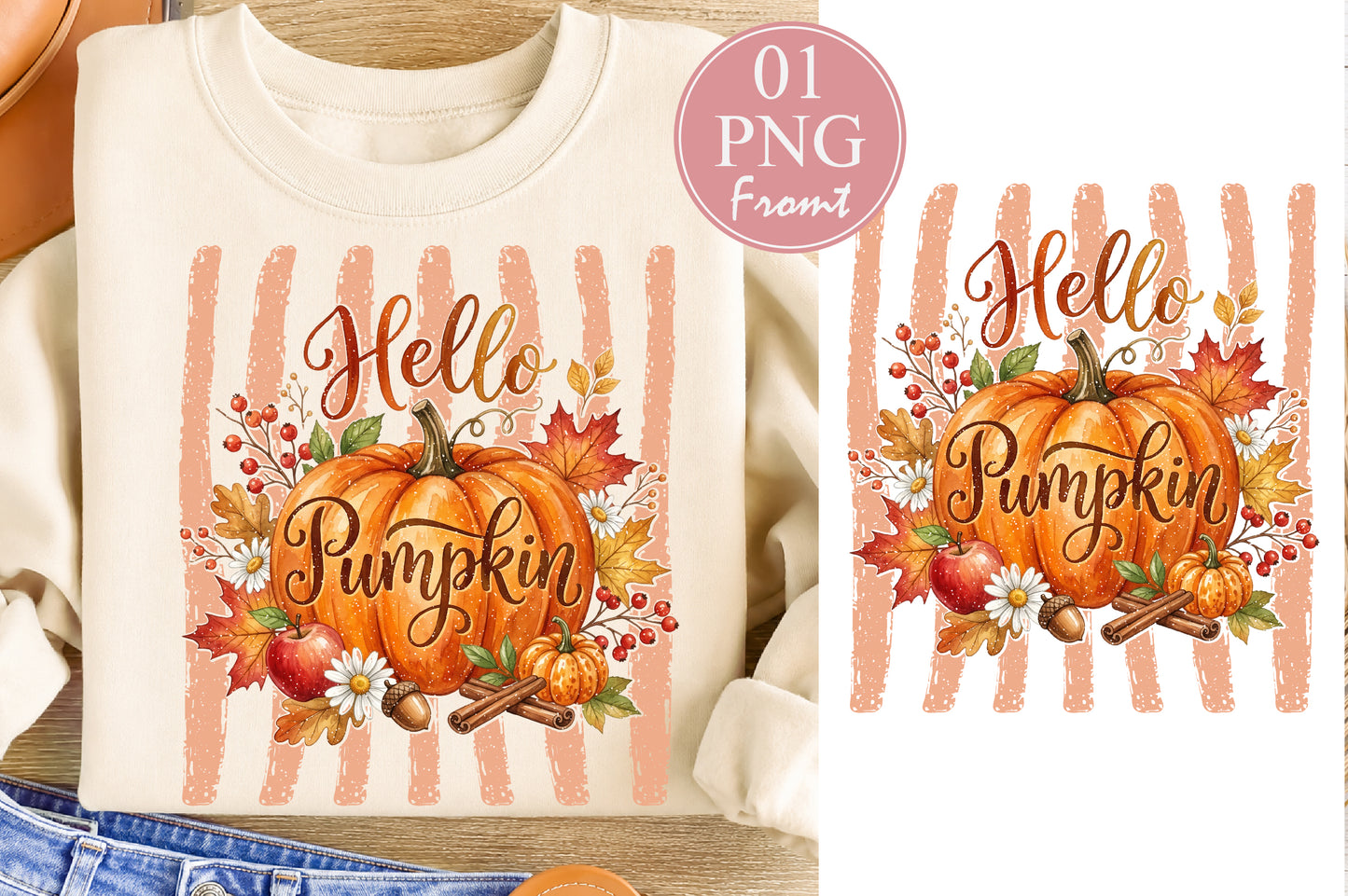 Hello Pumpkin PNG Cute Fall Pumpkin Autumn Floral Sublimation Design