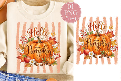 Hello Pumpkin PNG Cute Fall Pumpkin Autumn Floral Sublimation Design