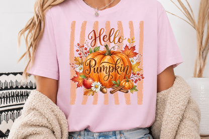 Hello Pumpkin PNG Cute Fall Pumpkin Autumn Floral Sublimation Design