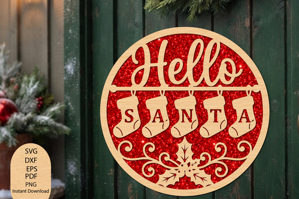 Hello Santa Christmas Laser Cut SVG, Christmas Stocking Ornament Cut File
