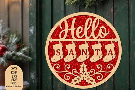 Hello Santa Christmas Laser Cut SVG, Christmas Stocking Ornament Cut File
