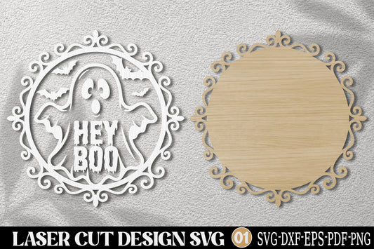 Hey Boo Halloween Ghost SVG | Spooky Ghost Laser Cut Sign