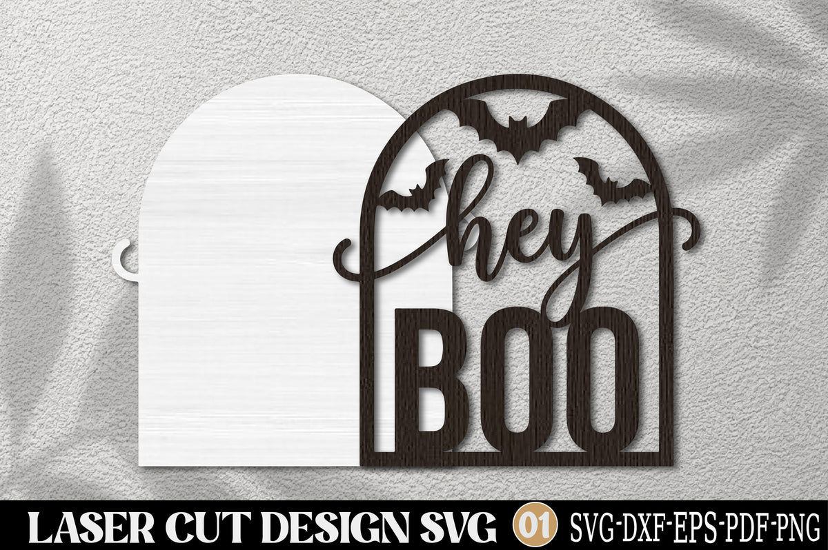 Hey Boo Halloween Laser Cut SVG | Spooky Bat Pumpkin Door Sign & Halloween Decor SVG