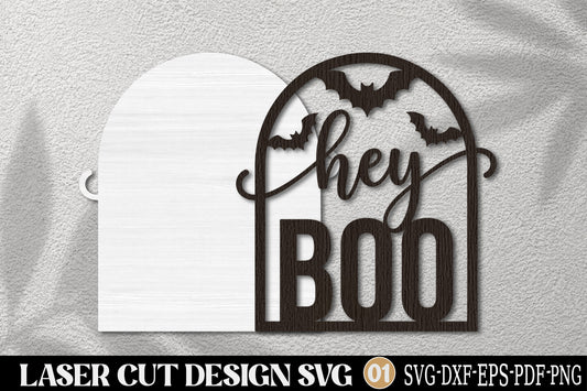 Hey Boo Halloween Laser Cut SVG | Spooky Bat Pumpkin Door Sign & Halloween Decor SVG