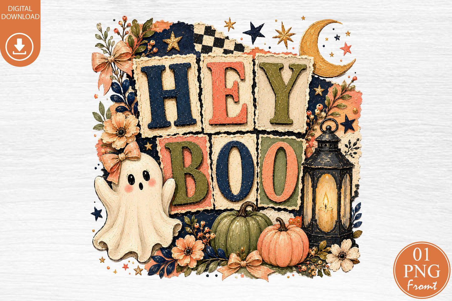 Hey Boo Halloween PNG Rustic Vintage Ghost Pumpkin Sublimation Design