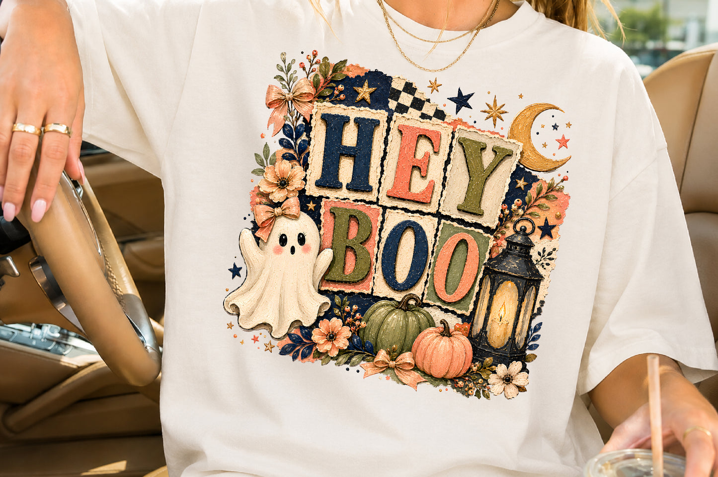 Hey Boo Halloween PNG Rustic Vintage Ghost Pumpkin Sublimation Design