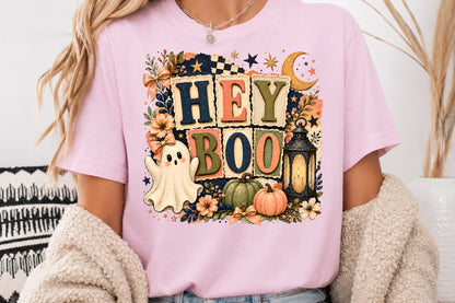 Hey Boo Halloween PNG Rustic Vintage Ghost Pumpkin Sublimation Design