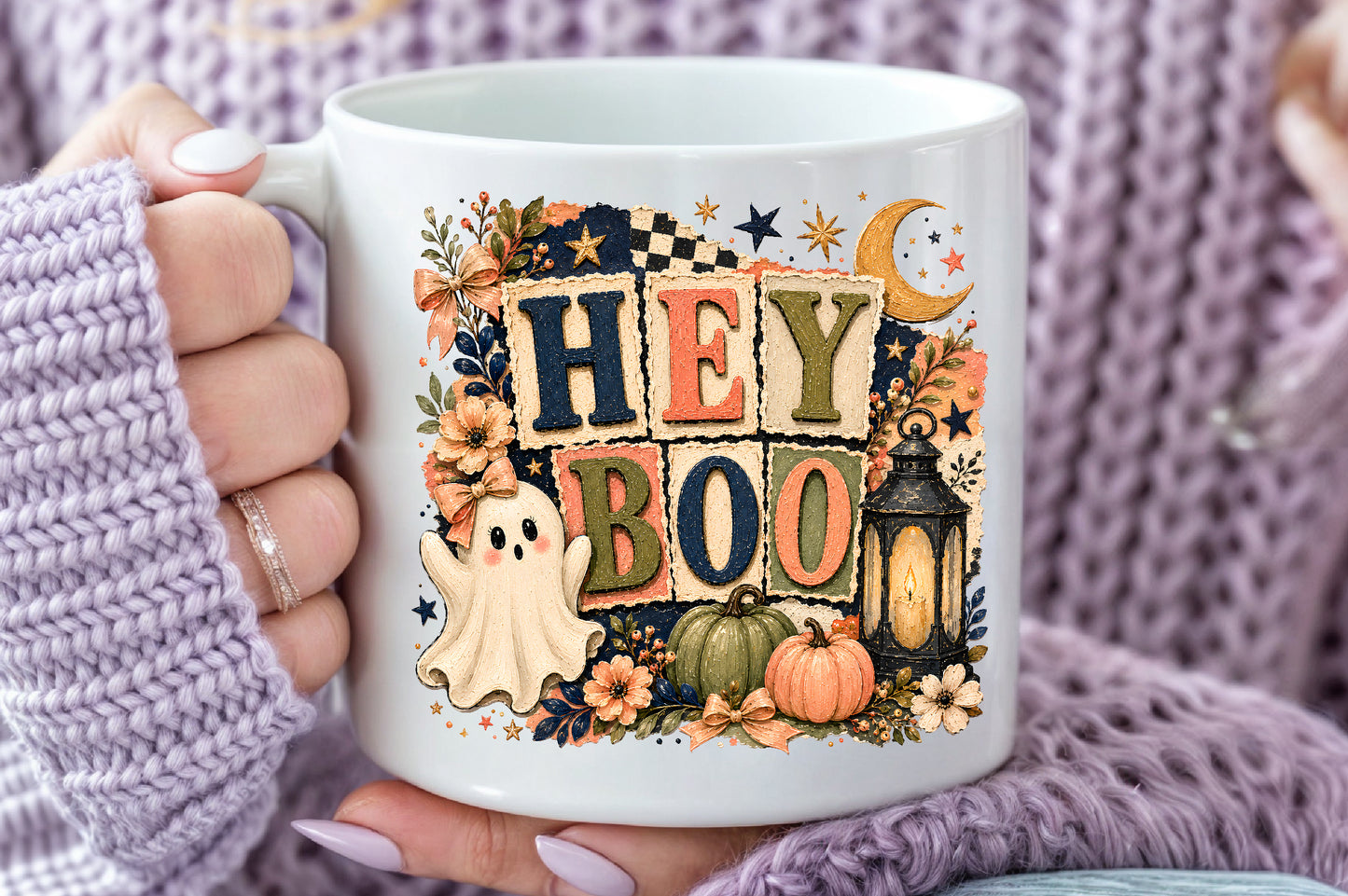 Hey Boo Halloween PNG Rustic Vintage Ghost Pumpkin Sublimation Design