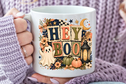 Hey Boo Halloween PNG Rustic Vintage Ghost Pumpkin Sublimation Design