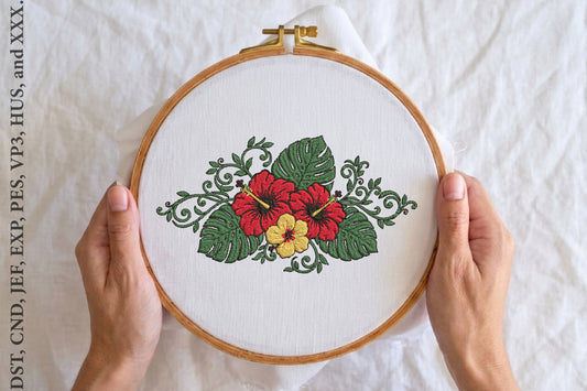 Hibiscus Embroidery Design – Beautiful Hibiscus Flower Machine Embroidery Pattern, Tropical Floral Botanical Embroidery Design