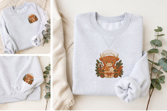Highland Cow Christmas Baker Embroidery Design – Cute Christmas Baking Cow Machine Embroidery Pattern, Festive Farmhouse Holiday Embroidery Design
