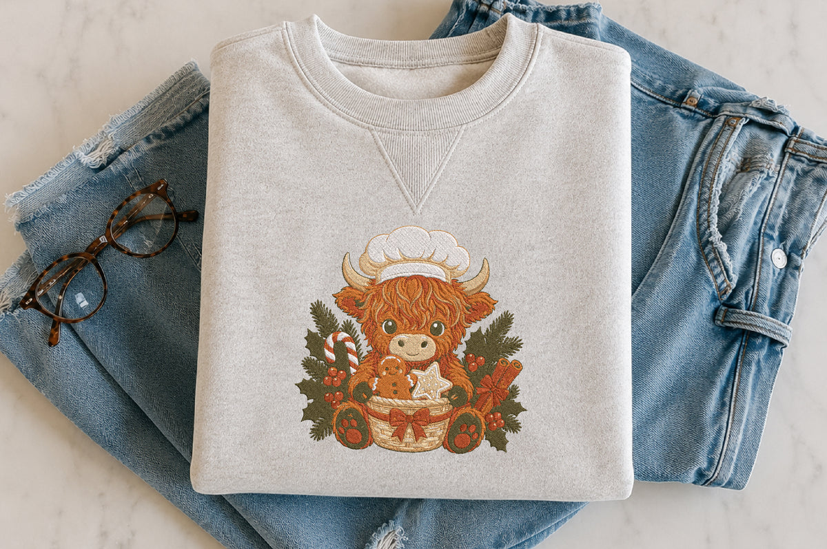 Highland Cow Christmas Baker Embroidery Design – Cute Christmas Baking Cow Machine Embroidery Pattern, Festive Farmhouse Holiday Embroidery Design