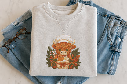 Highland Cow Christmas Baker Embroidery Design – Cute Christmas Baking Cow Machine Embroidery Pattern, Festive Farmhouse Holiday Embroidery Design