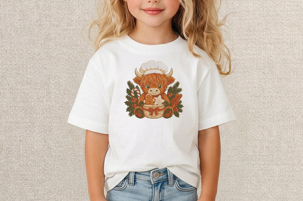Highland Cow Christmas Baker Embroidery Design – Cute Christmas Baking Cow Machine Embroidery Pattern, Festive Farmhouse Holiday Embroidery Design