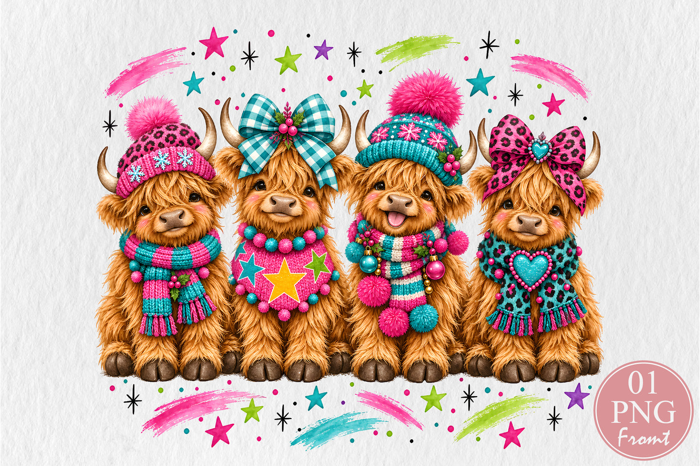 Cute Highland Cow Christmas PNG Bundle Sublimation Design
