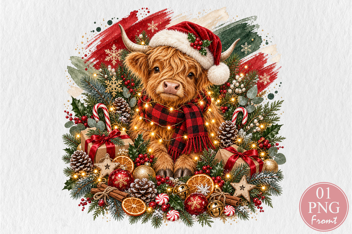 Highland Cow Christmas PNG Santa Hat Buffalo Plaid Holiday Sublimation