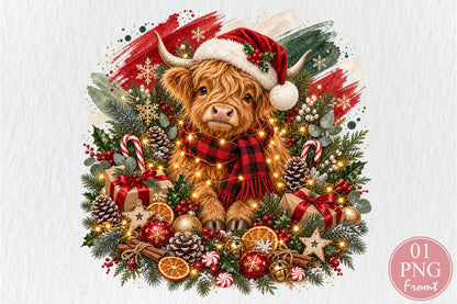 Highland Cow Christmas PNG Santa Hat Buffalo Plaid Holiday Sublimation
