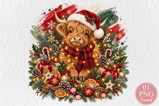 Highland Cow Christmas PNG Santa Hat Buffalo Plaid Holiday Sublimation
