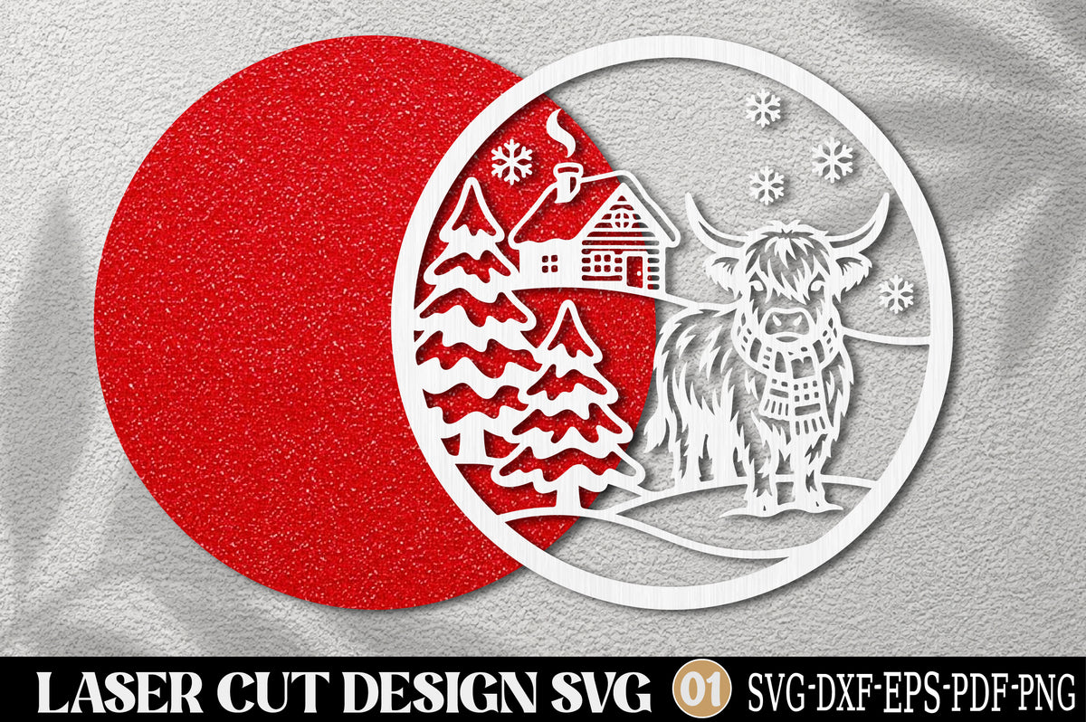 Highland Cow Christmas Scene Laser Cut SVG | Christmas Cow Winter Forest Ornament SVG