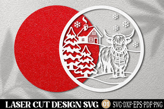 Highland Cow Christmas Scene Laser Cut SVG | Christmas Cow Winter Forest Ornament SVG