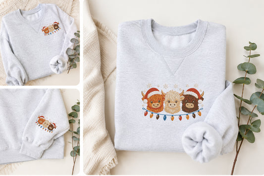 Highland Cow Christmas Embroidered Design – Cute Highland Cow Christmas Machine Embroidery Pattern, Festive Farmhouse Holiday Embroidery Design