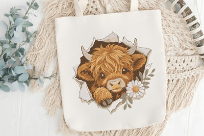 Highland Cow Embroidery Design – Cute Highland Cow Machine Embroidery Pattern, Rustic Farmhouse Animal Embroidery Design