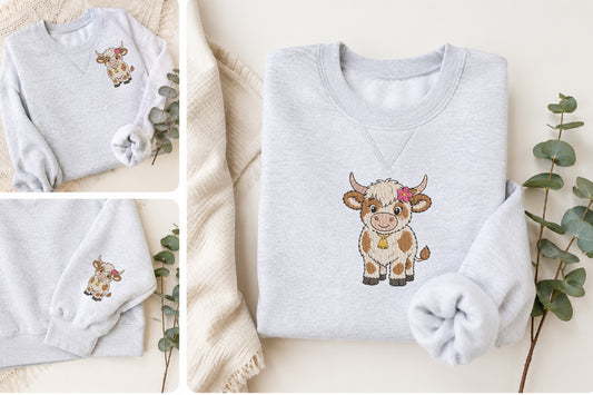 Highland Cow Embroidery Design – Cute Highland Cow Machine Embroidery Pattern, Rustic Farmhouse Animal Embroidery Design