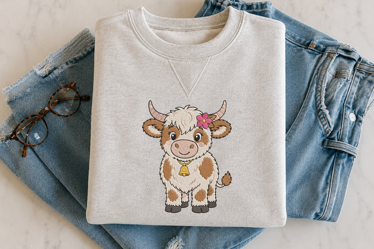 Highland Cow Embroidery Design – Cute Highland Cow Machine Embroidery Pattern, Rustic Farmhouse Animal Embroidery Design