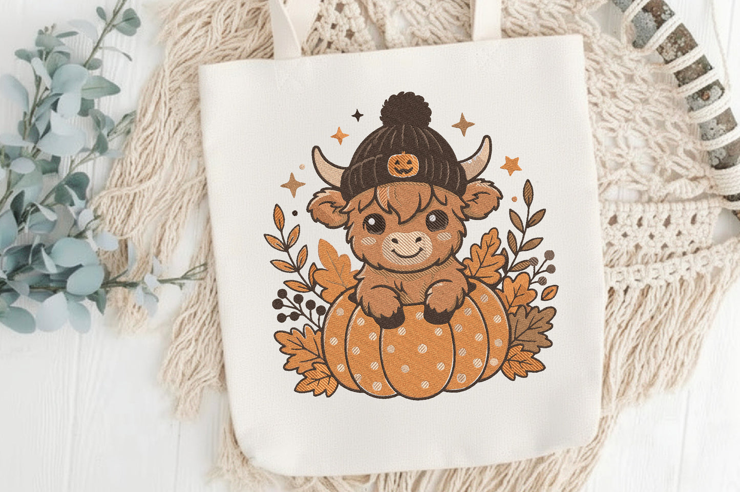 Highland Cow Halloween Embroidery Design – Cute Spooky Highland Cow Machine Embroidery Pattern, Halloween Farm Animal Embroidery Design