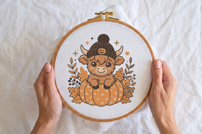 Highland Cow Halloween Embroidery Design – Cute Spooky Highland Cow Machine Embroidery Pattern, Halloween Farm Animal Embroidery Design