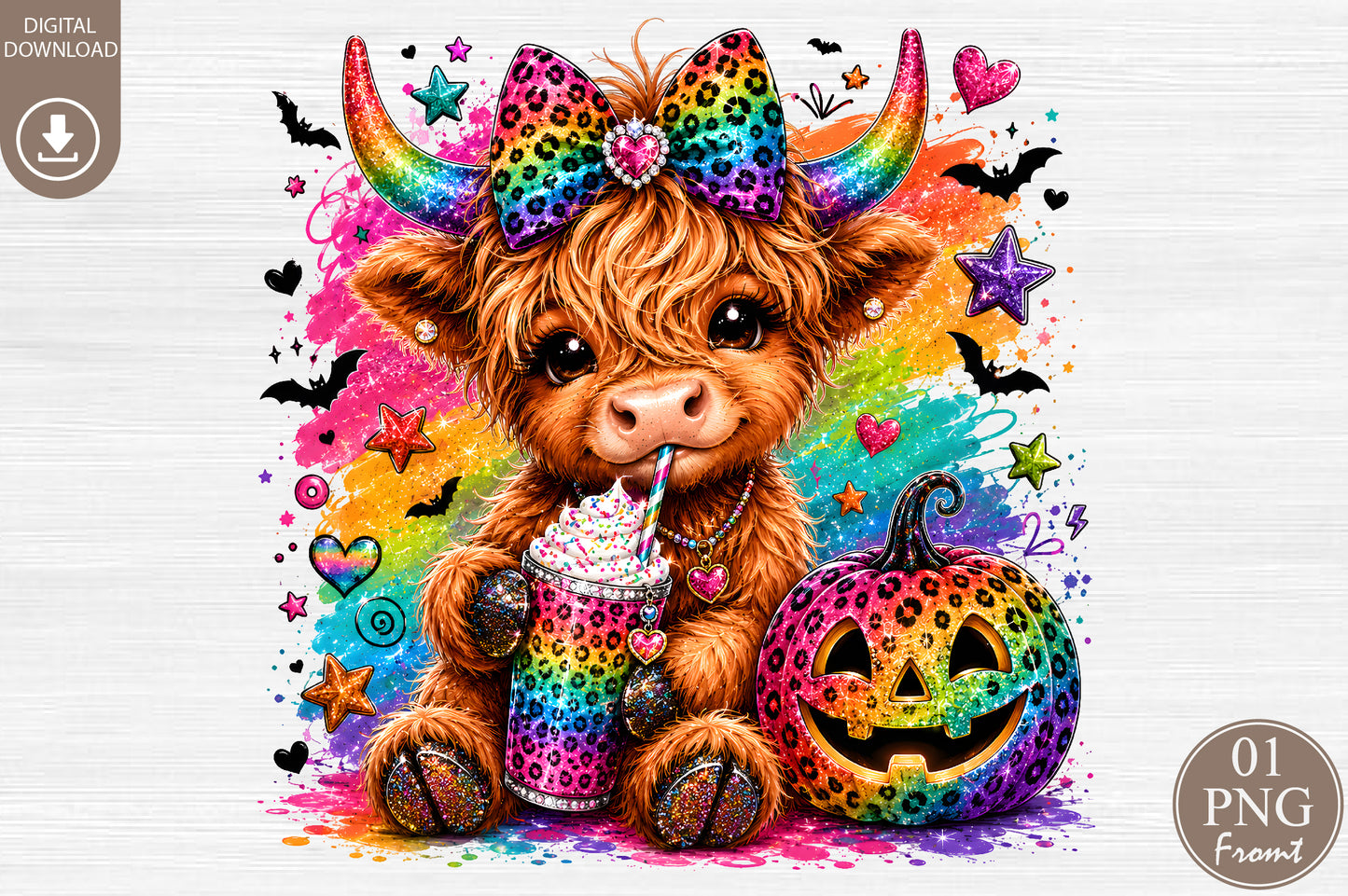 Highland Cow Halloween PNG Rainbow Leopard Pumpkin Sublimation Design