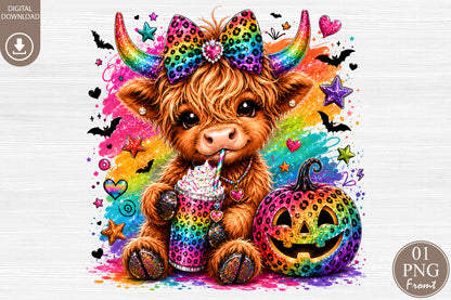 Highland Cow Halloween PNG Rainbow Leopard Pumpkin Sublimation Design