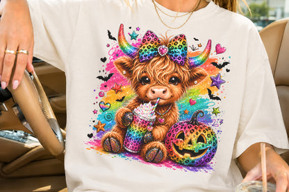 Highland Cow Halloween PNG Rainbow Leopard Pumpkin Sublimation Design