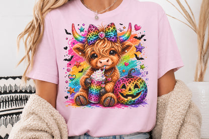 Highland Cow Halloween PNG Rainbow Leopard Pumpkin Sublimation Design