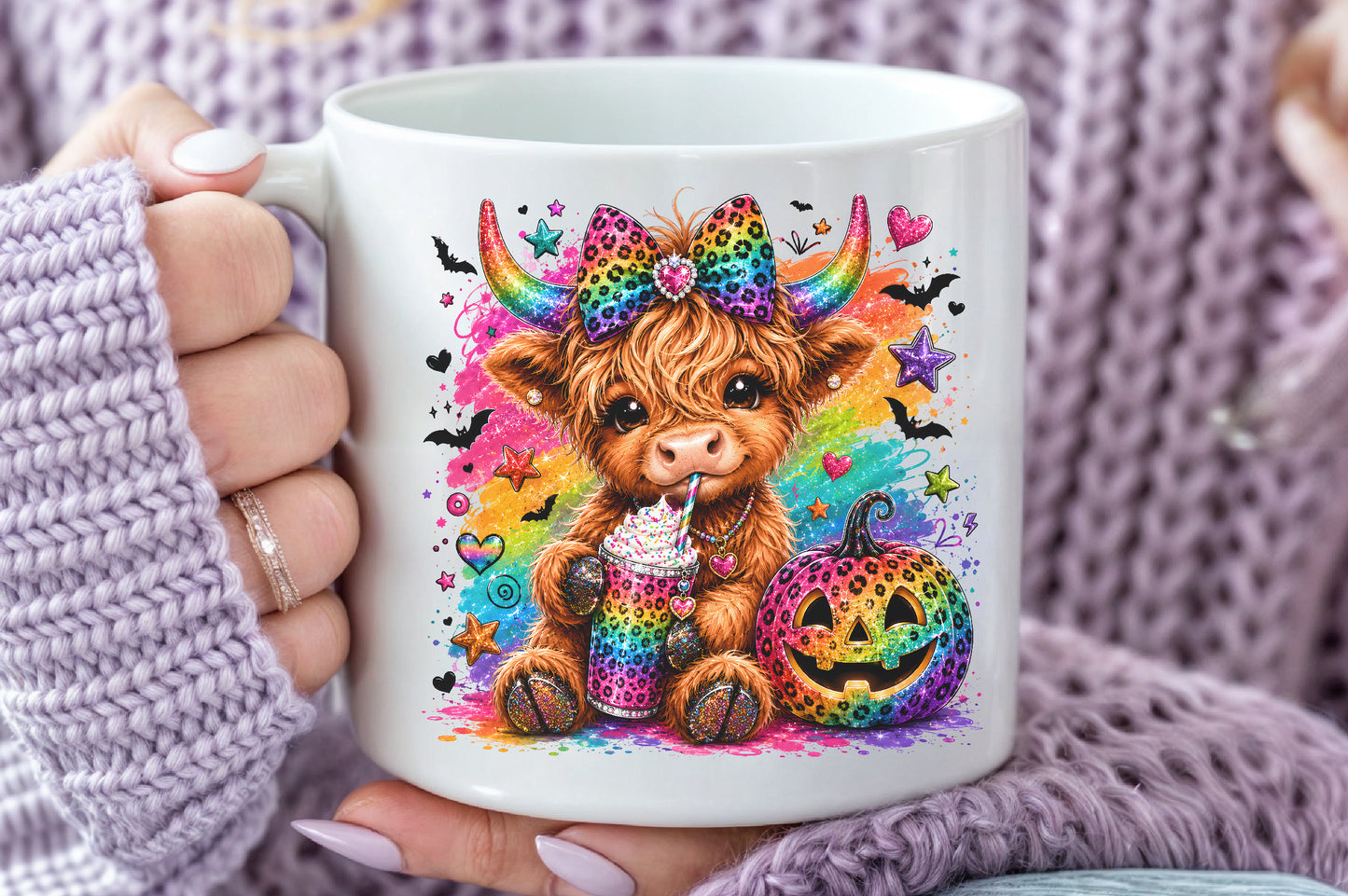 Highland Cow Halloween PNG Rainbow Leopard Pumpkin Sublimation Design