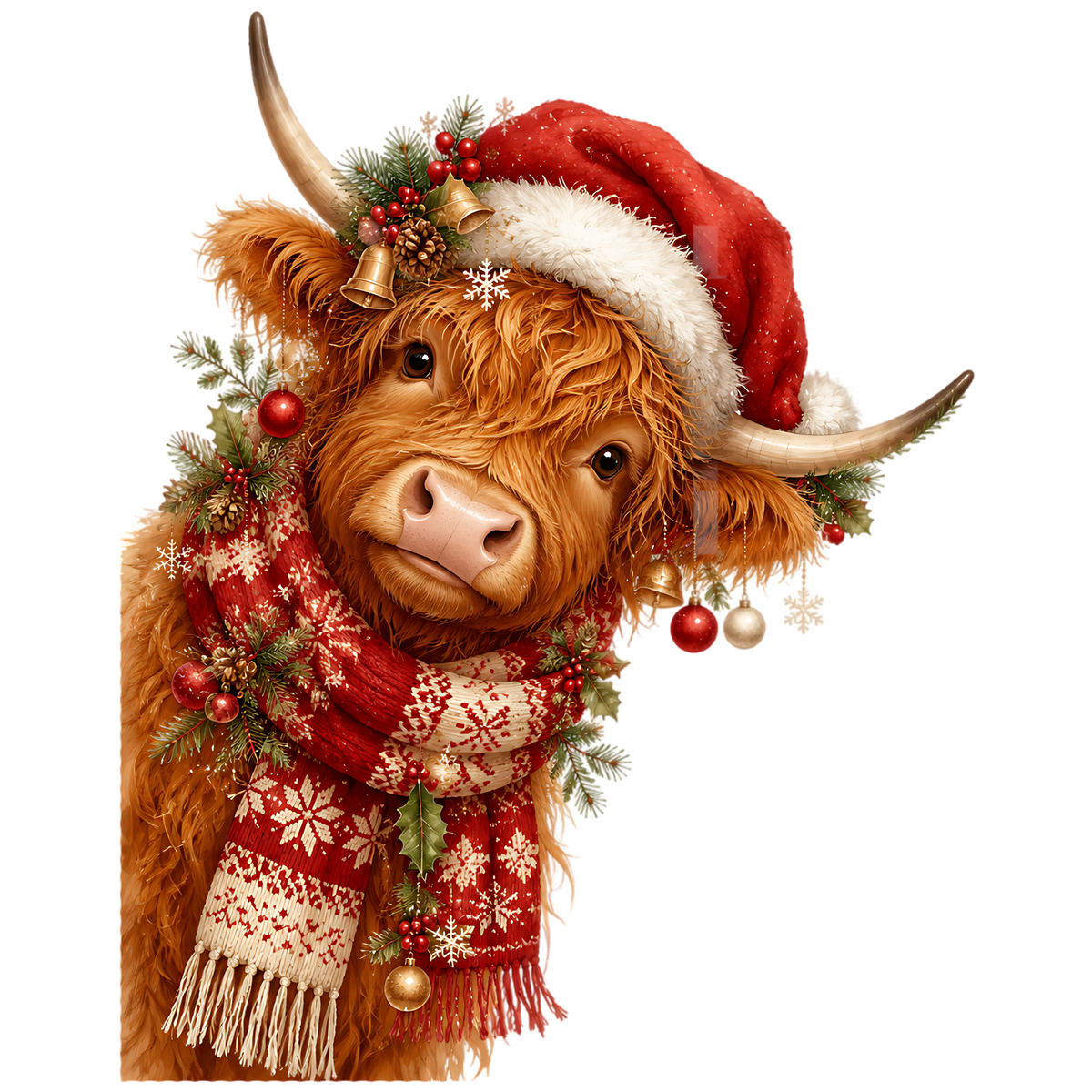 Highland Cow Santa Hat Christmas PNG