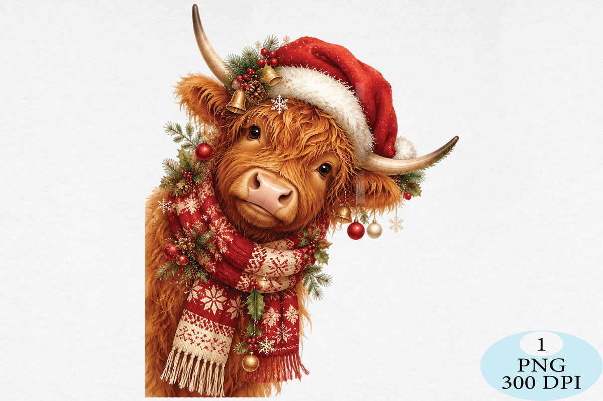 Highland Cow Santa Hat Christmas PNG