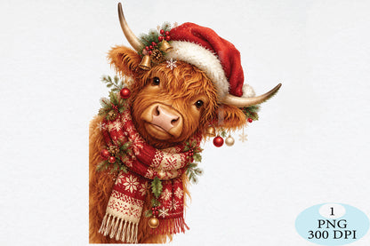 Highland Cow Santa Hat Christmas PNG