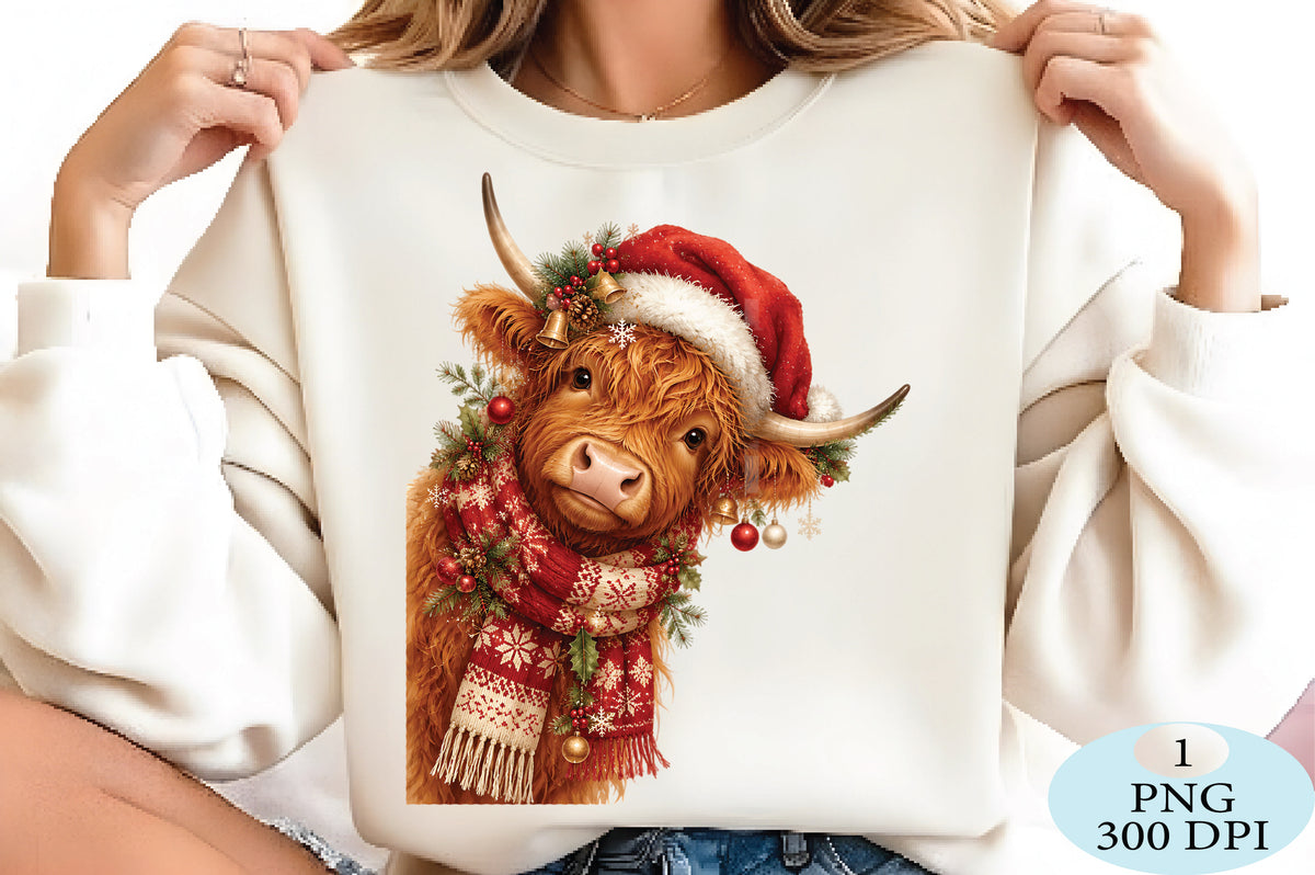 Highland Cow Santa Hat Christmas PNG